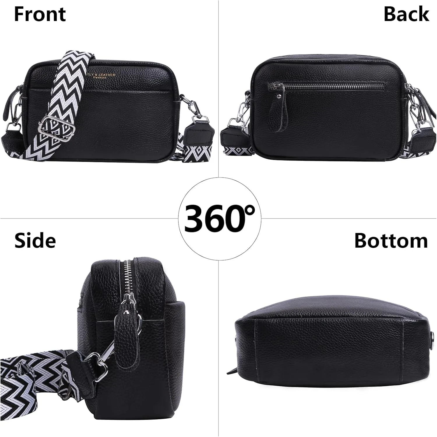 Crossbody Bag for Women Genuine Leather Wide Strap Shoulder Bag Purse Trendy Design Camera Crossbody Purse Top Zip
