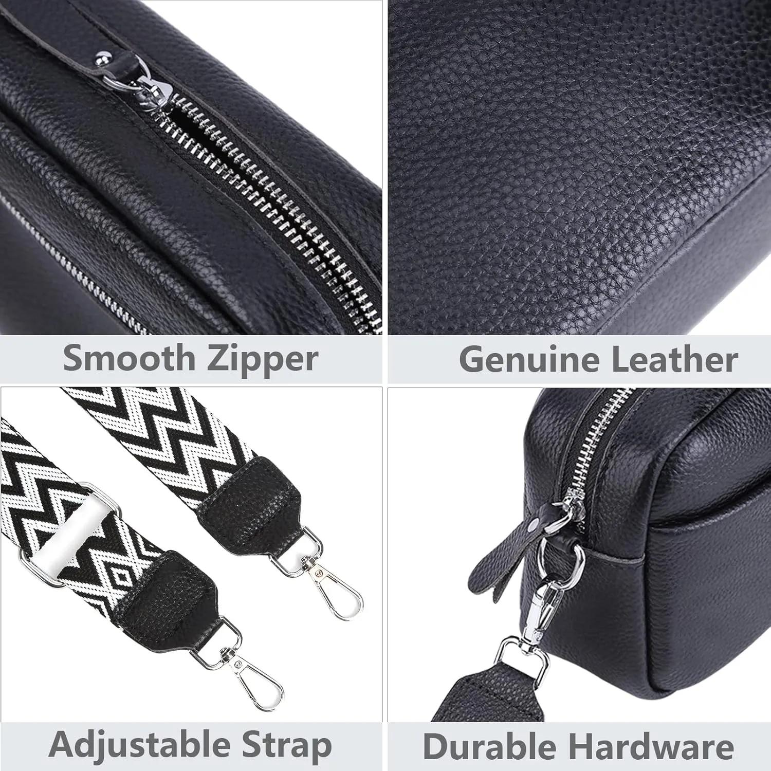 Crossbody Bag for Women Genuine Leather Wide Strap Shoulder Bag Purse Trendy Design Camera Crossbody Purse Top Zip