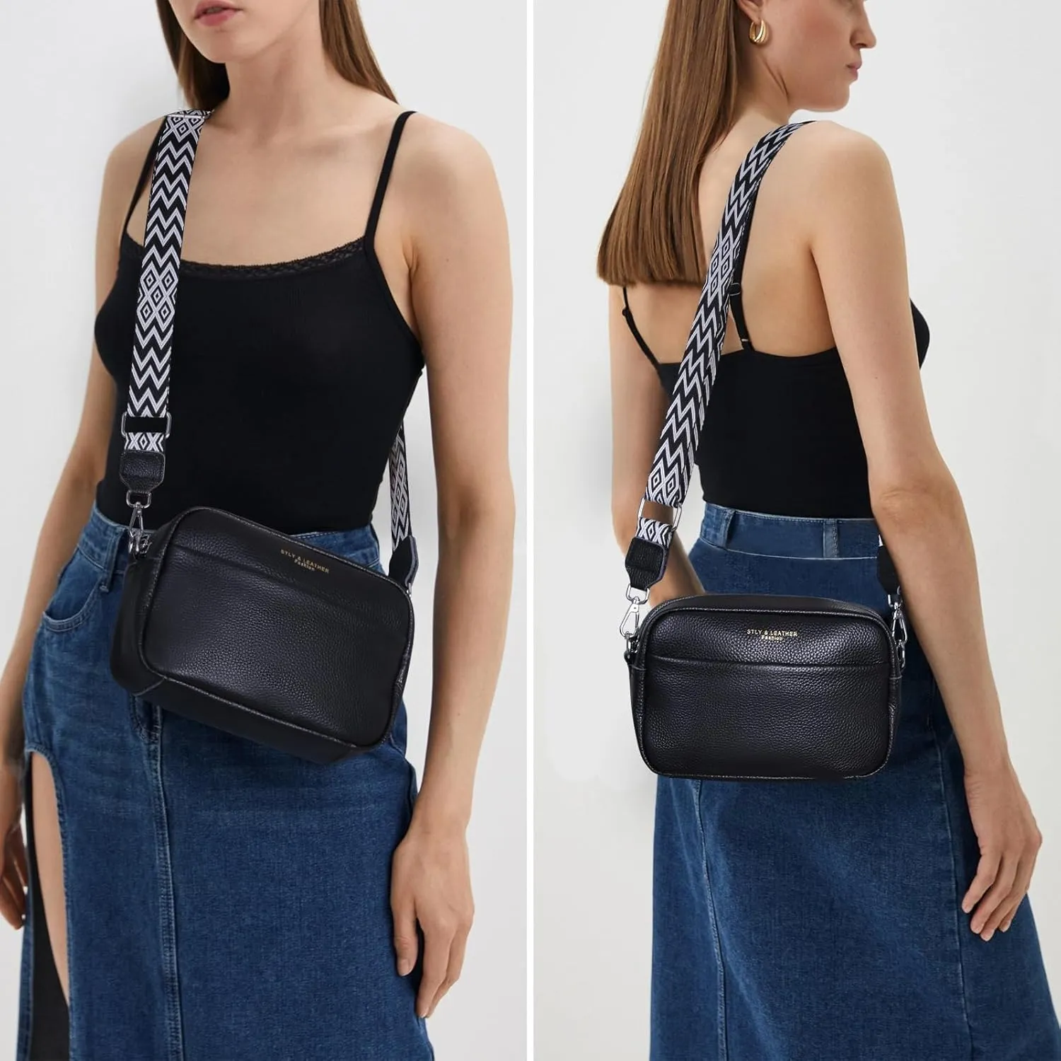 Crossbody Bag for Women Genuine Leather Wide Strap Shoulder Bag Purse Trendy Design Camera Crossbody Purse Top Zip