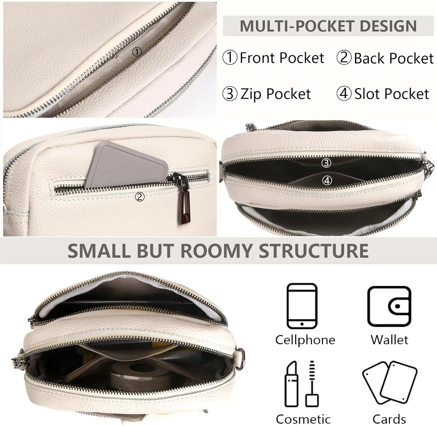 Crossbody Bag for Women Genuine Leather Wide Strap Shoulder Bag Purse Trendy Design Camera Crossbody Purse Top Zip