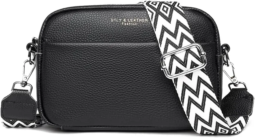 Crossbody Bag for Women Genuine Leather Wide Strap Shoulder Bag Purse Trendy Design Camera Crossbody Purse Top Zip