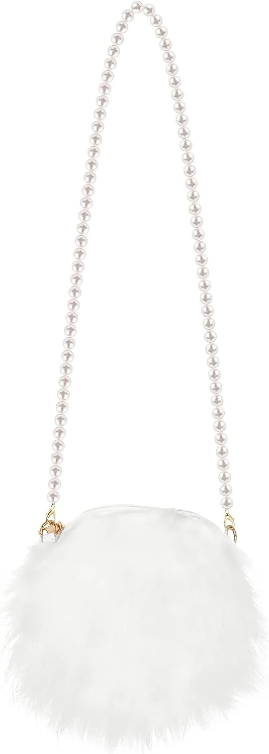 Crossbody Bag Plush Pearl Chain Cellphone Purse Small Fuzzy Shoulder Pouch for Women Ladies Girls - White