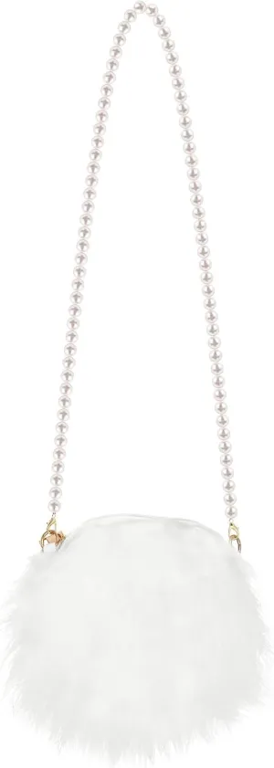 Crossbody Bag Plush Pearl Chain Cellphone Purse Small Fuzzy Shoulder Pouch for Women Ladies Girls - White