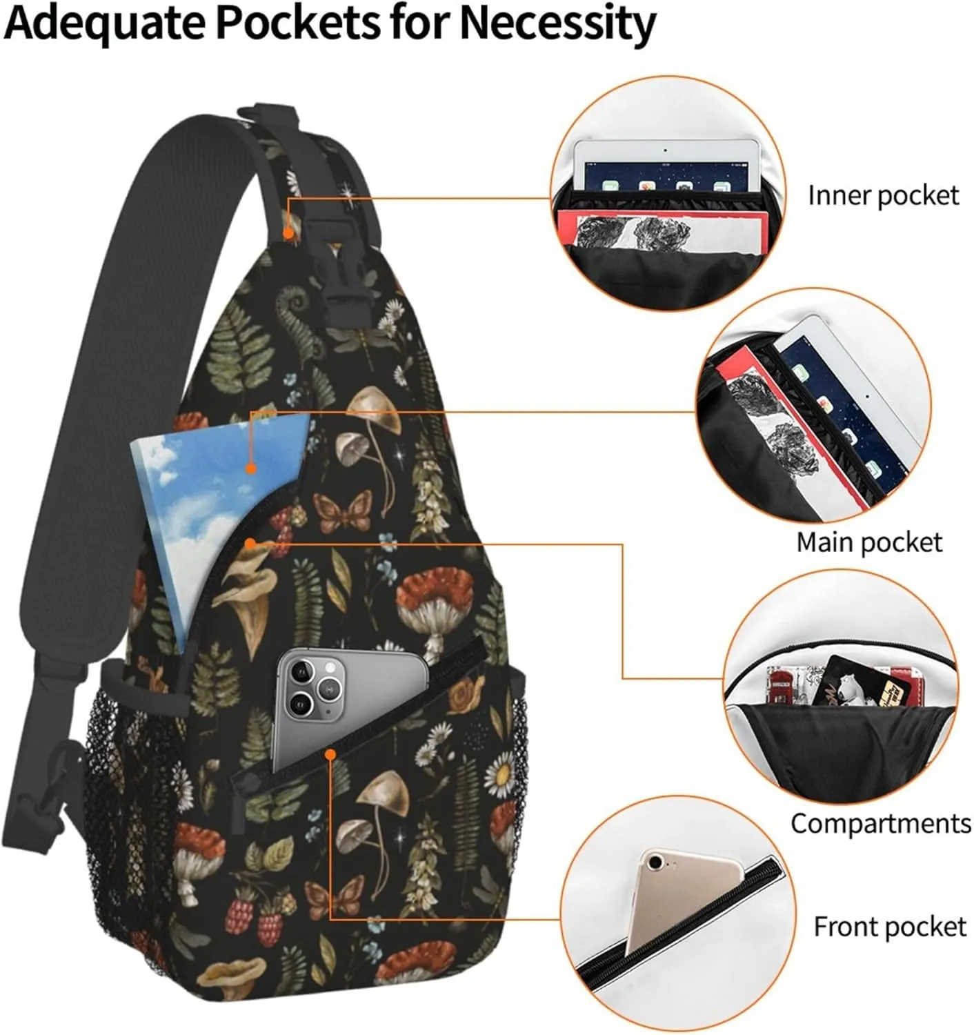 Crossbody Sling Bag for Women Men, Sling Backpack Chest Daypack Cross Body Bag Shoulder Bag for Hiking Running Sports Travel (Mushroom)