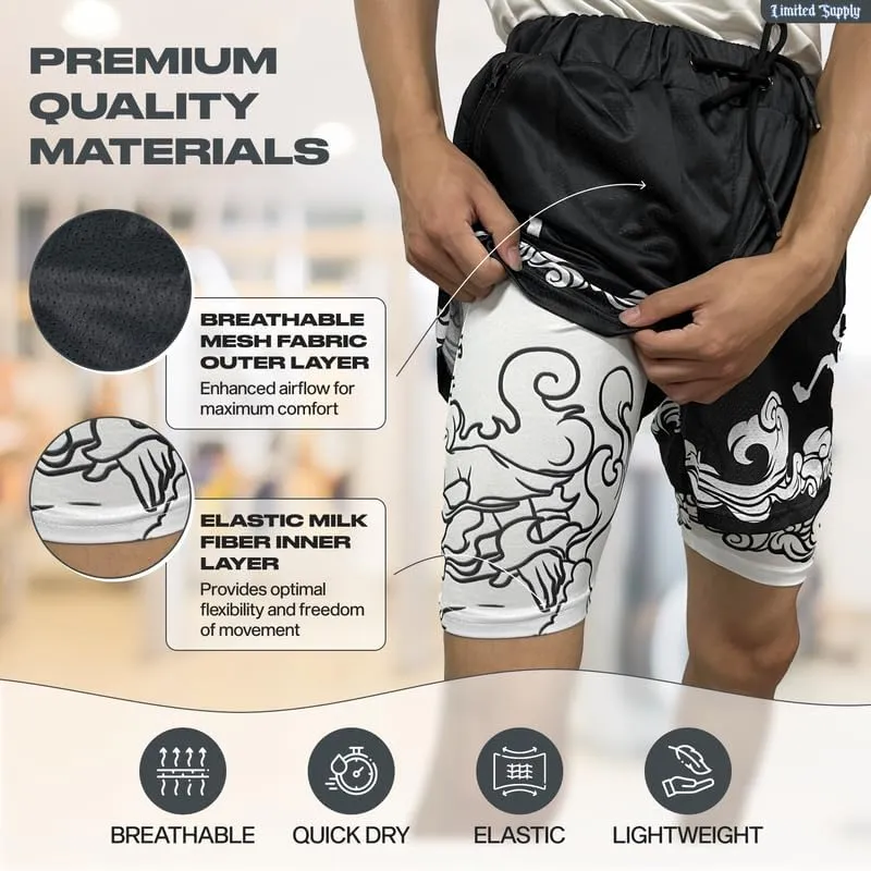 CROWN Anime Shorts - Breathable Mesh Stretch Compression Short with Pockets and Towel Holder