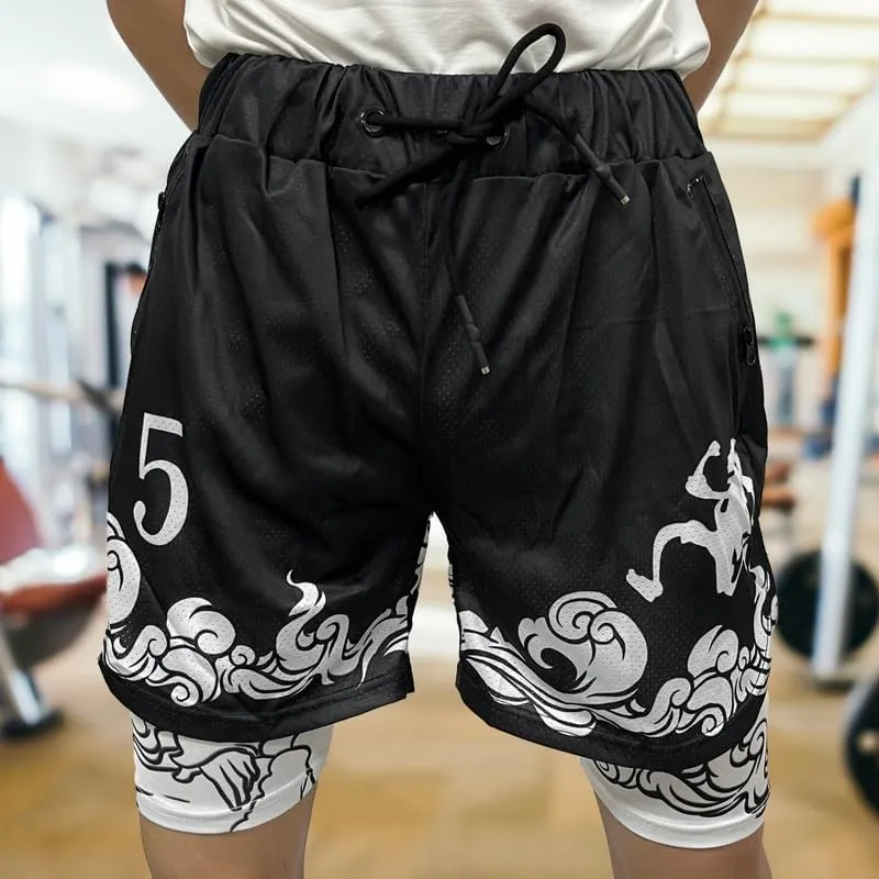 CROWN Anime Shorts - Breathable Mesh Stretch Compression Short with Pockets and Towel Holder