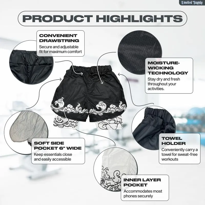CROWN Anime Shorts - Breathable Mesh Stretch Compression Short with Pockets and Towel Holder