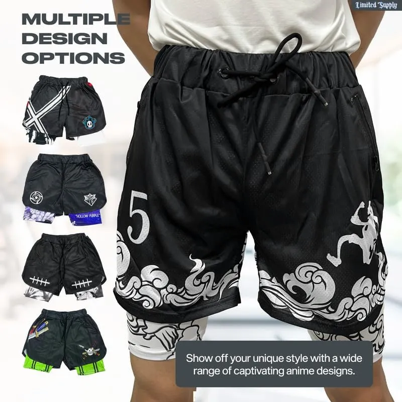 CROWN Anime Shorts - Breathable Mesh Stretch Compression Short with Pockets and Towel Holder