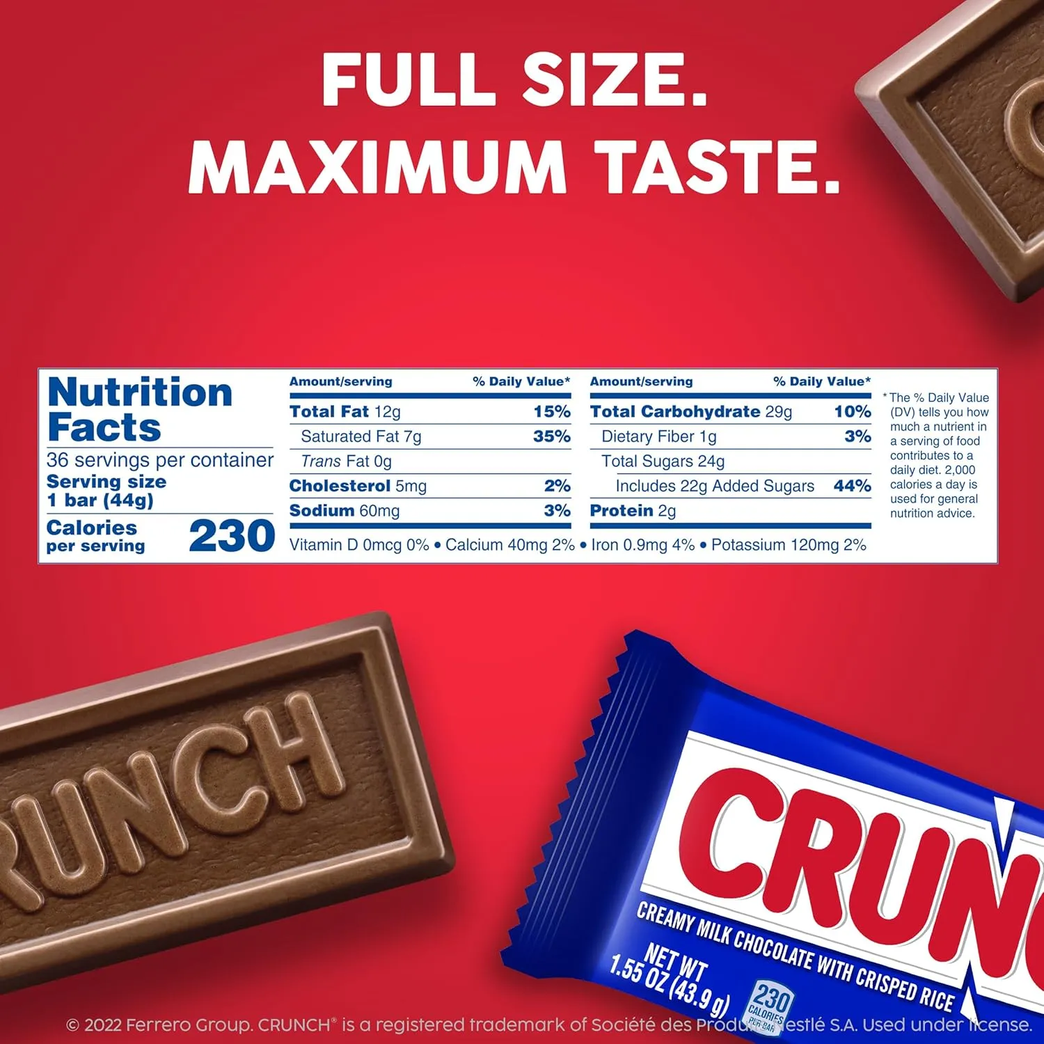 CRUNCH, Bulk 36 Pack, Milk Chocolate and Crisped Rice, Full Size Individually Wrapped Candy Bar, 1.55 oz Each