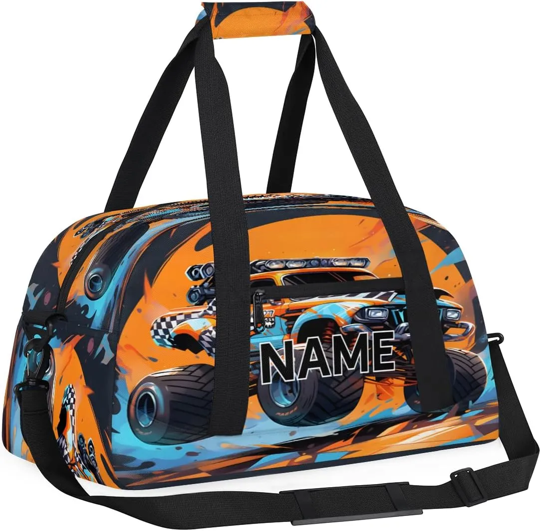 Custom Monster Truck Small Gym Bag 18 inch for Women Men Personalized Cartoon Carry On Overnight Weekender Bag for Travel Work Dance Sport