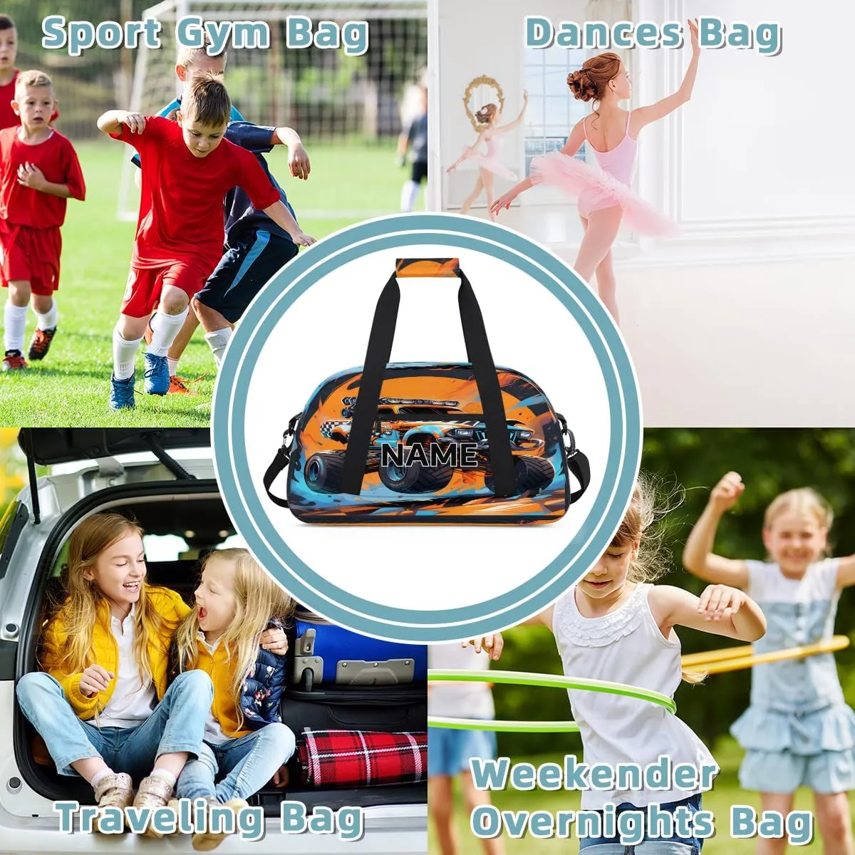 Custom Monster Truck Small Gym Bag 18 inch for Women Men Personalized Cartoon Carry On Overnight Weekender Bag for Travel Work Dance Sport
