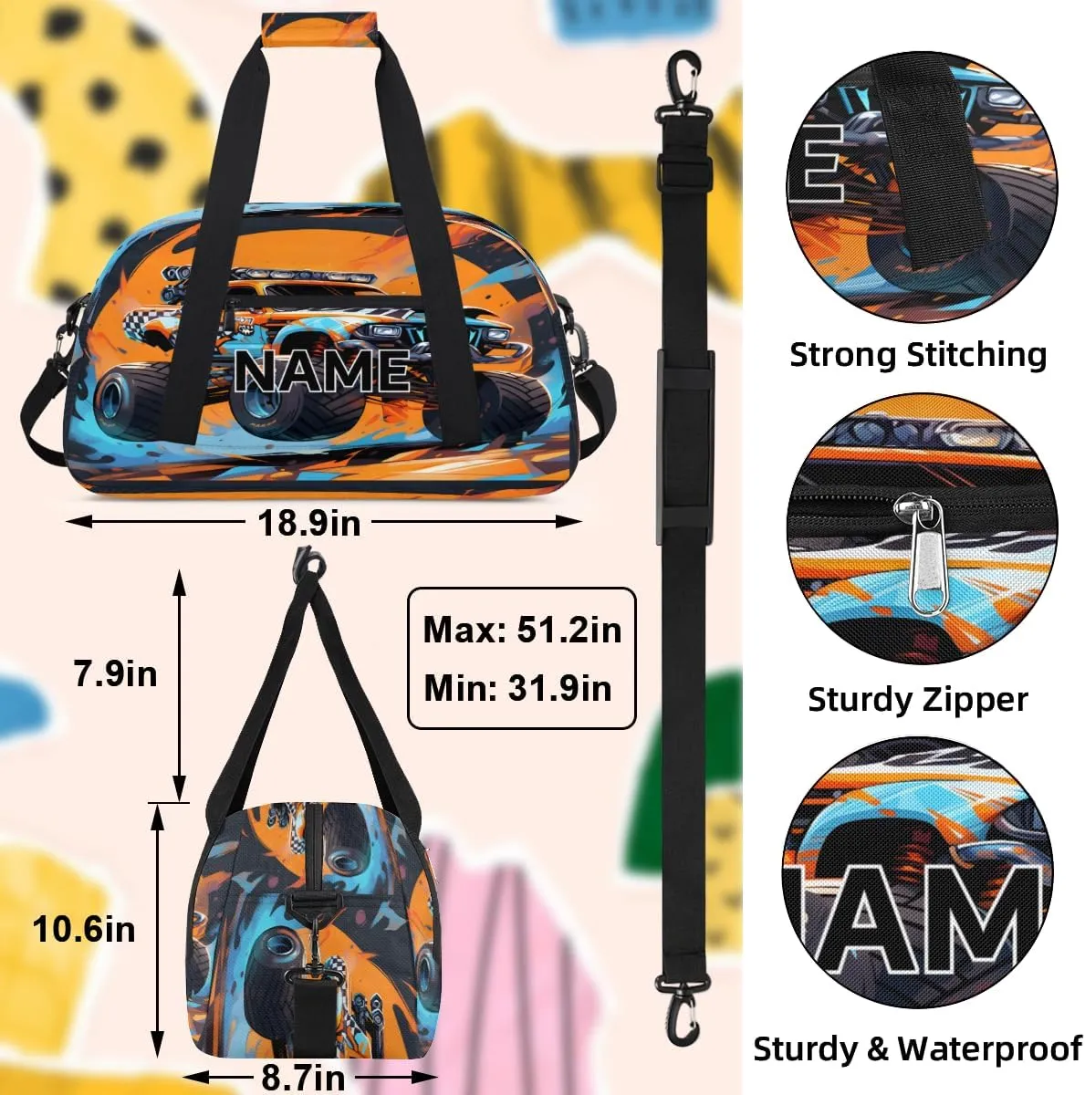 Custom Monster Truck Small Gym Bag 18 inch for Women Men Personalized Cartoon Carry On Overnight Weekender Bag for Travel Work Dance Sport