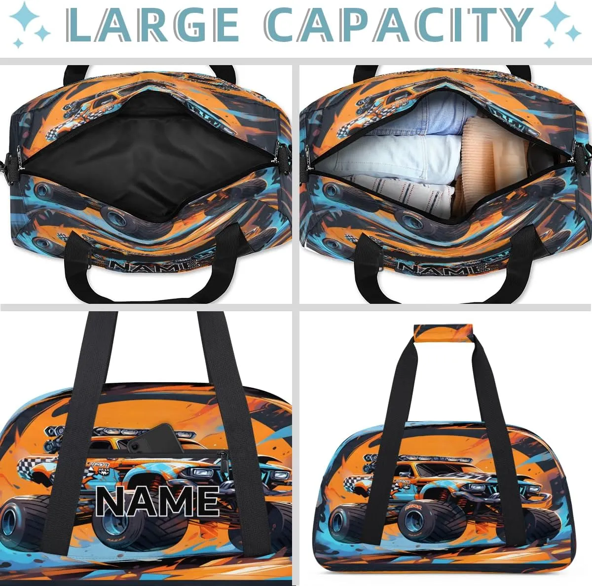 Custom Monster Truck Small Gym Bag 18 inch for Women Men Personalized Cartoon Carry On Overnight Weekender Bag for Travel Work Dance Sport