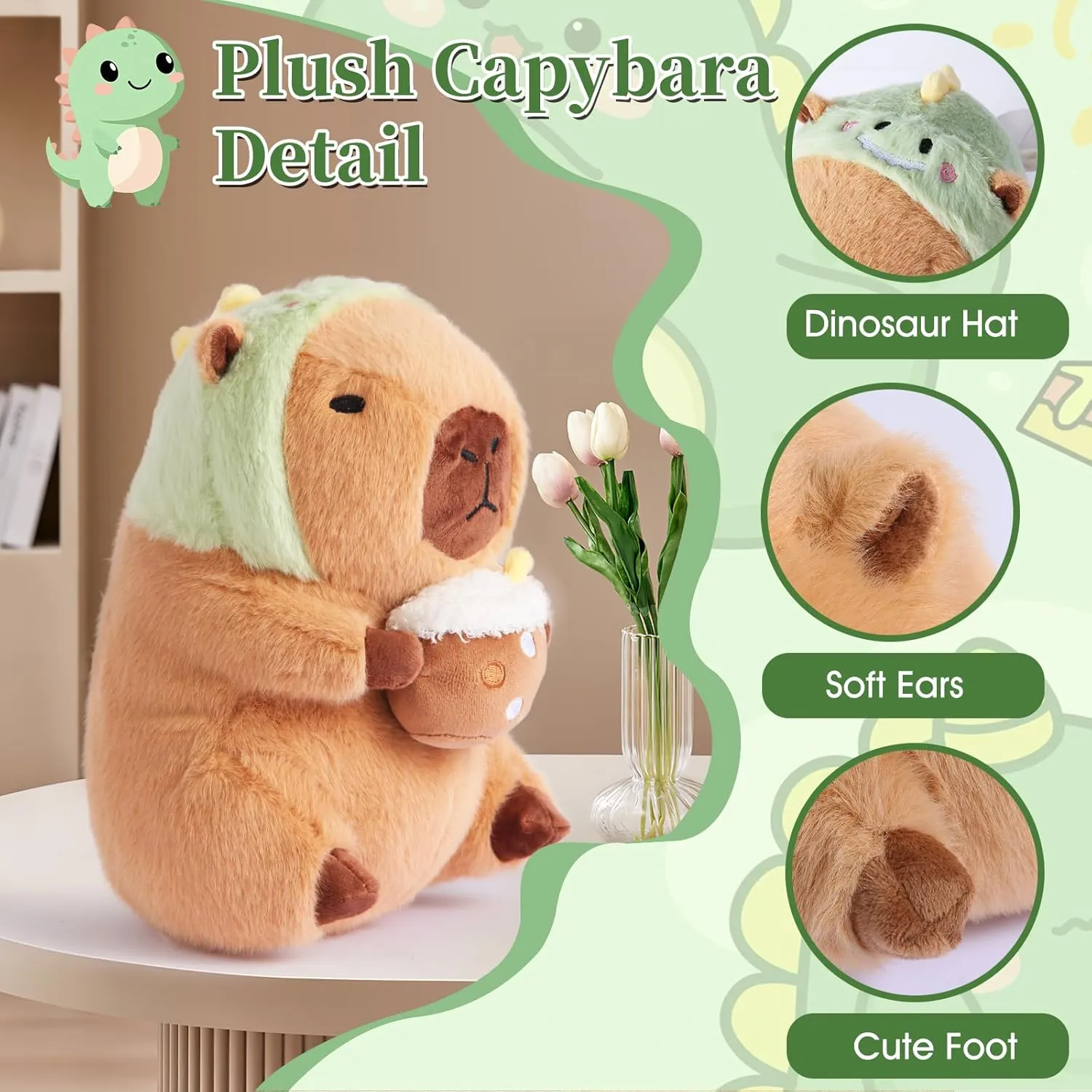 Cute Capybara Plush Pillow Soft Stuffed Animals with Drinking Milk Tea Dinosaur Capibara Pluhsies Toy Gifts for Boys Girls Kids 12 inch