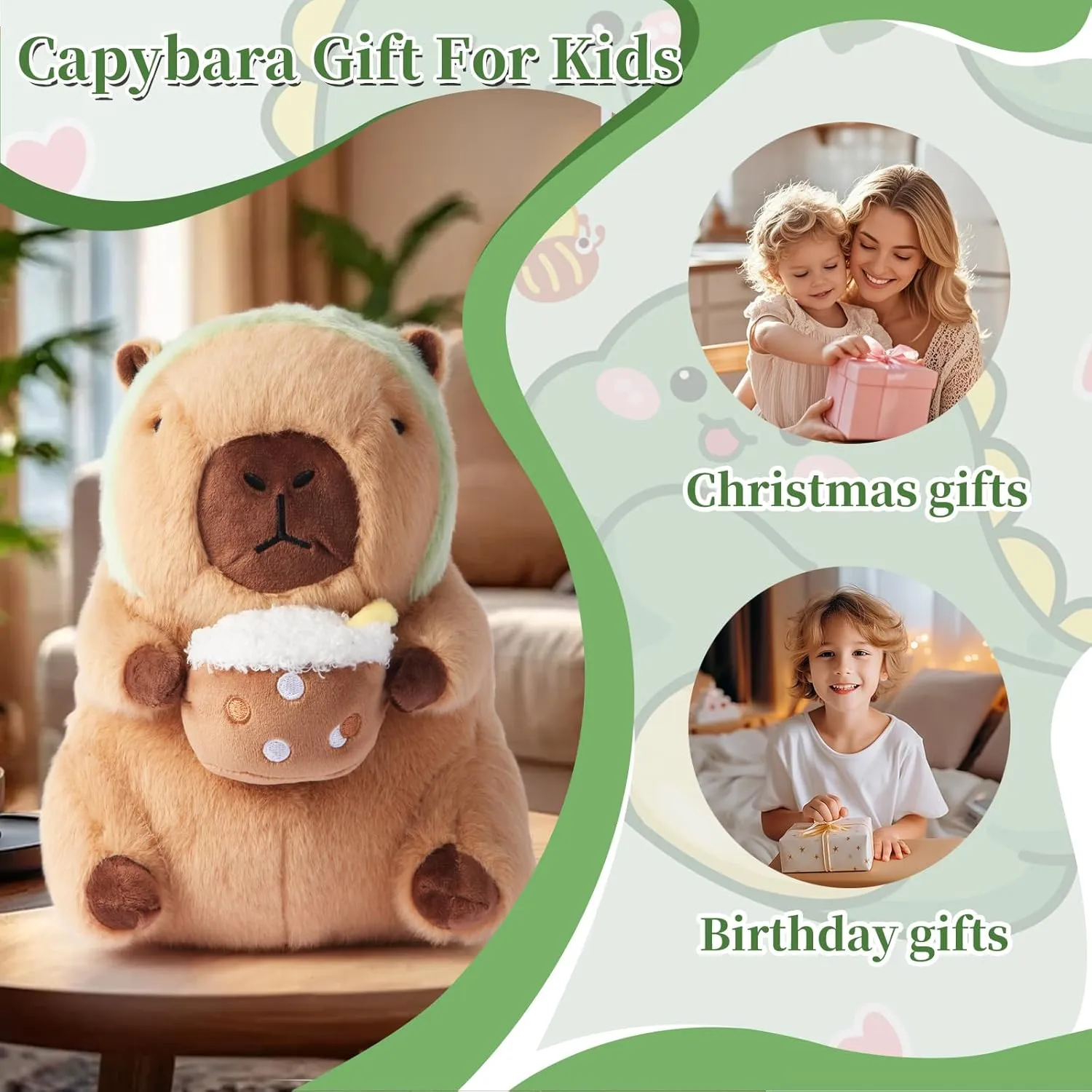 Cute Capybara Plush Pillow Soft Stuffed Animals with Drinking Milk Tea Dinosaur Capibara Pluhsies Toy Gifts for Boys Girls Kids 12 inch