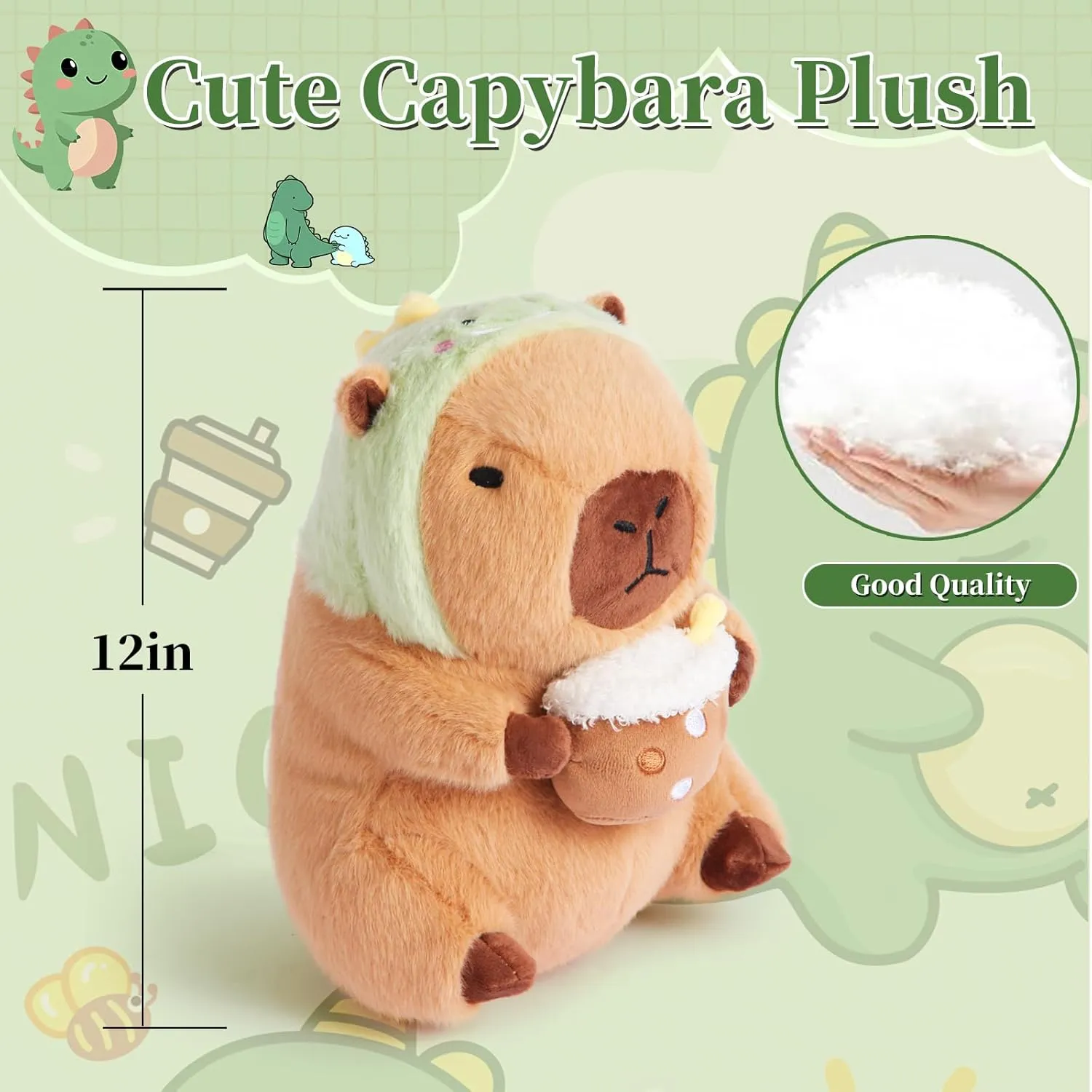Cute Capybara Plush Pillow Soft Stuffed Animals with Drinking Milk Tea Dinosaur Capibara Pluhsies Toy Gifts for Boys Girls Kids 12 inch