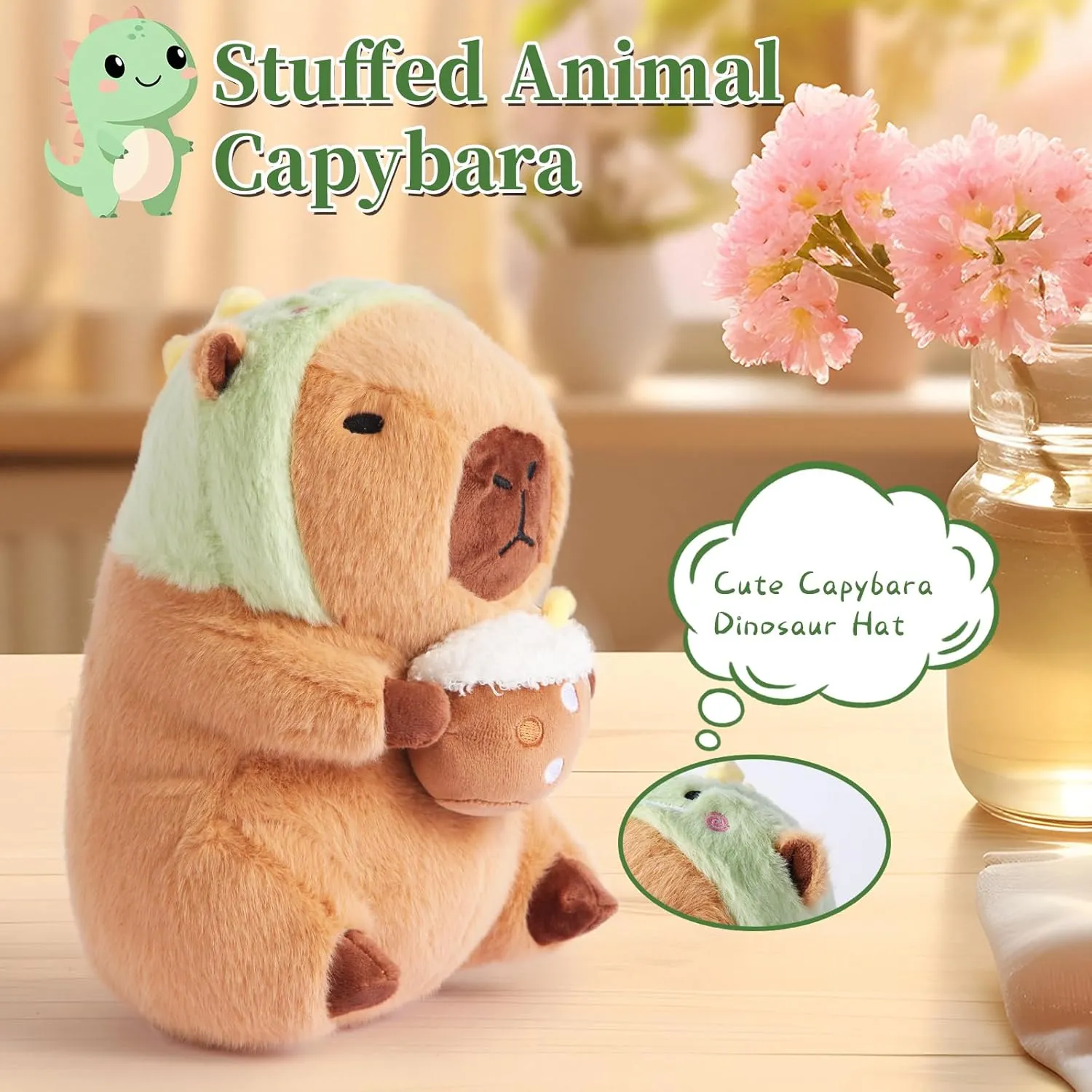 Cute Capybara Plush Pillow Soft Stuffed Animals with Drinking Milk Tea Dinosaur Capibara Pluhsies Toy Gifts for Boys Girls Kids 12 inch