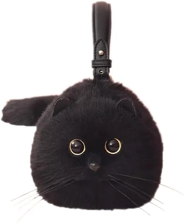 Cute Cat Crossbody Handbag Puffy Plush Cat Shaped Shoulder Bag for Women Girl Boy Kid