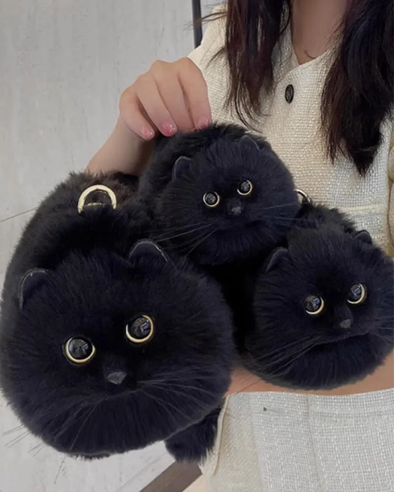 Cute Cat Crossbody Handbag Puffy Plush Cat Shaped Shoulder Bag for Women Girl Boy Kid