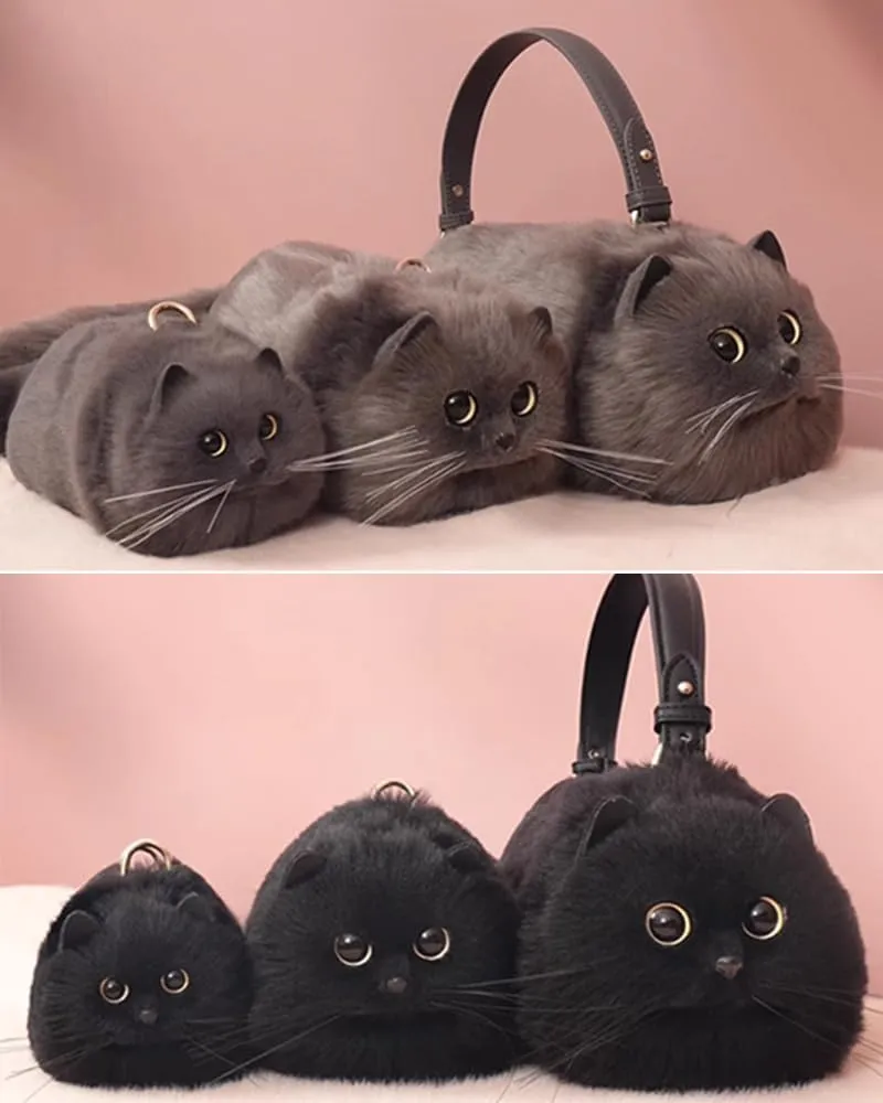 Cute Cat Crossbody Handbag Puffy Plush Cat Shaped Shoulder Bag for Women Girl Boy Kid
