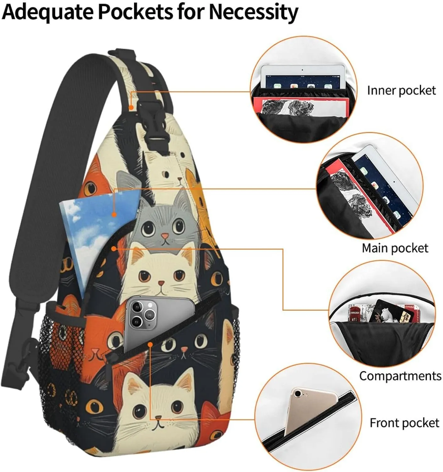 Cute Cat Print Sling Bag Crossbody Shoulder Backpack Chest Bags Gym Travel Hiking Casual Daypack