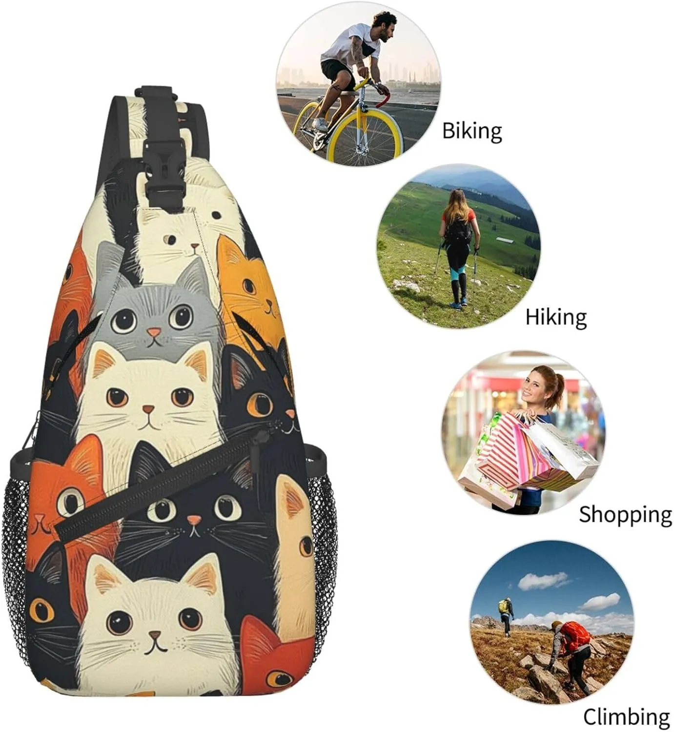 Cute Cat Print Sling Bag Crossbody Shoulder Backpack Chest Bags Gym Travel Hiking Casual Daypack