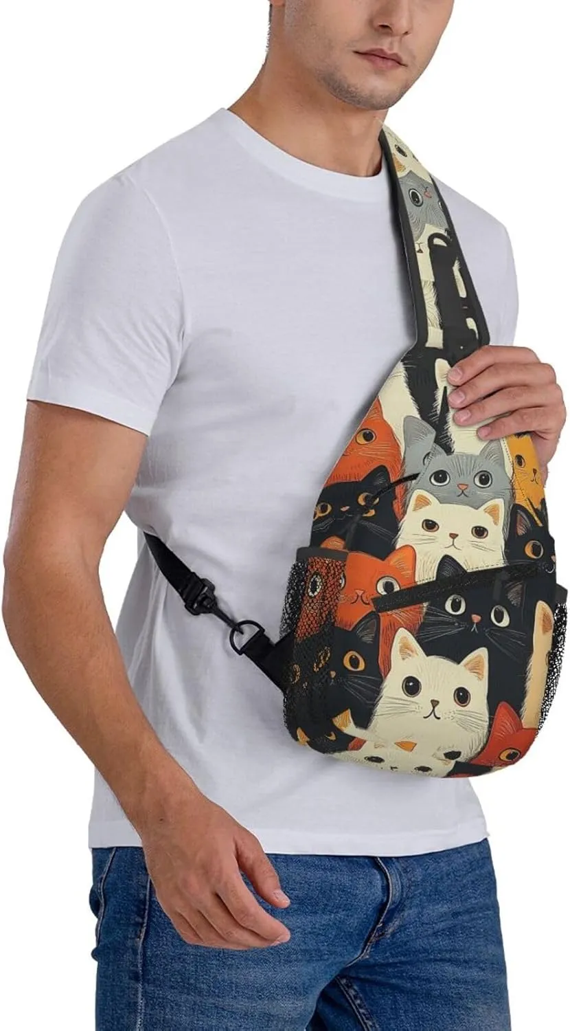 Cute Cat Print Sling Bag Crossbody Shoulder Backpack Chest Bags Gym Travel Hiking Casual Daypack