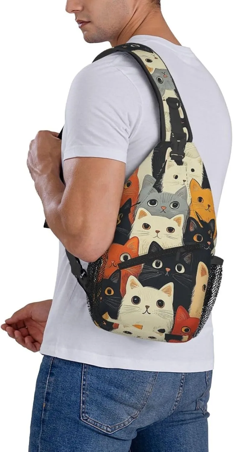 Cute Cat Print Sling Bag Crossbody Shoulder Backpack Chest Bags Gym Travel Hiking Casual Daypack
