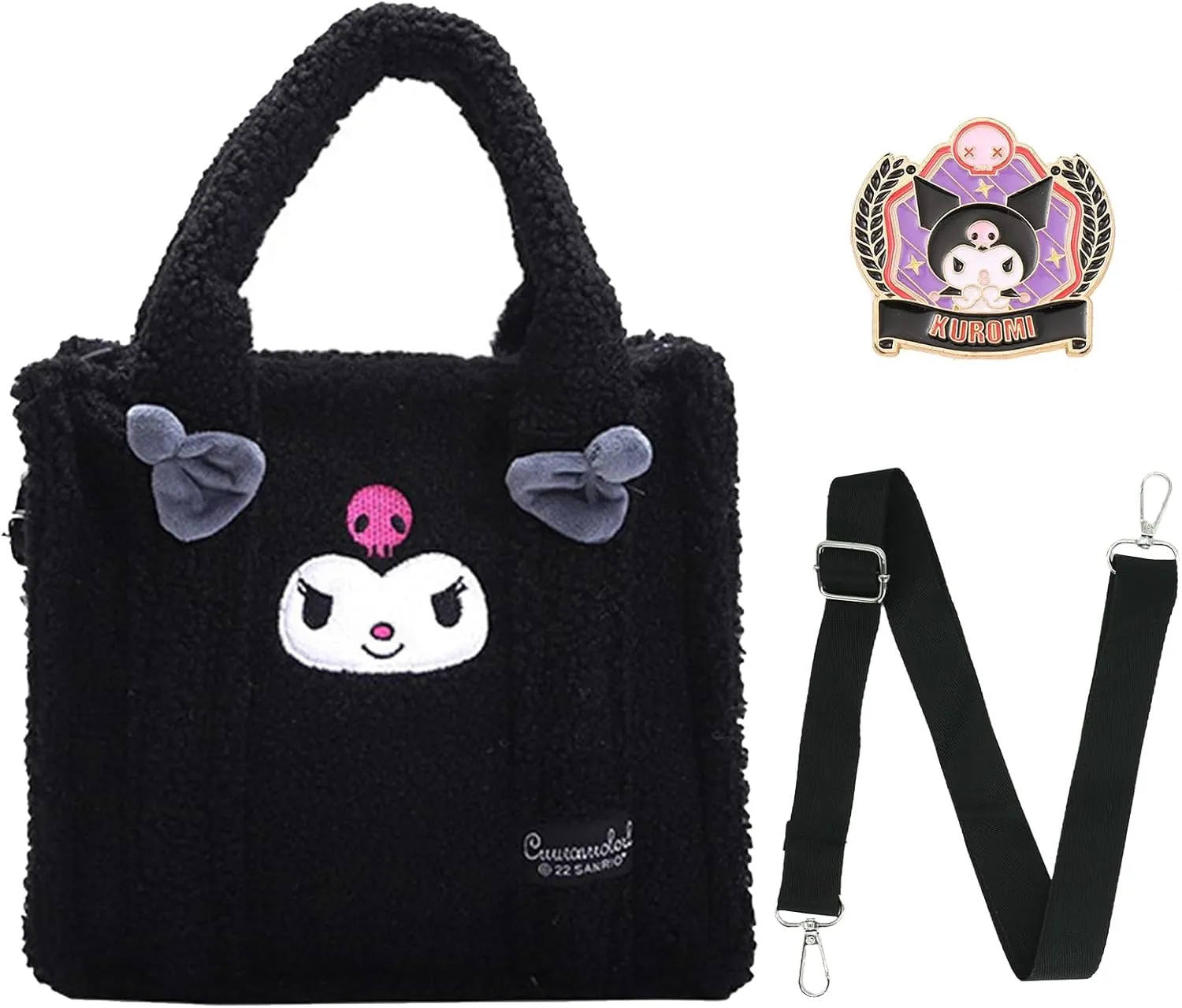 Cute Kitty Friends Plush Crossbody Bag with Adjustable Shoulder Strap and Pin, Kawaii Handbag with Zipper, Wallet Purse Pouch