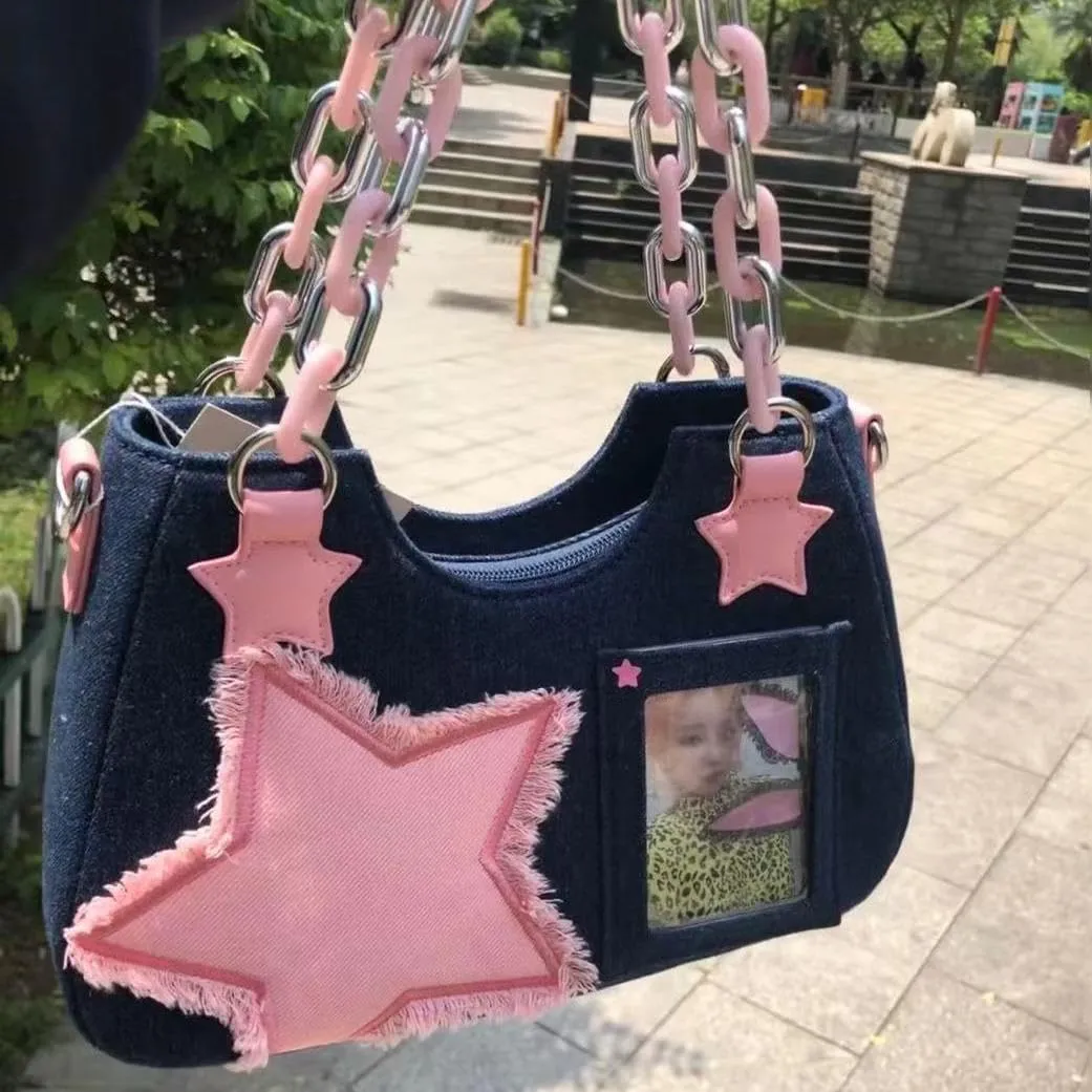 Cute Shoulder Bag Crossbody Bag for Women Y2K Star Patchwork Denim Messenger Bag Handbag for Teen Girls
