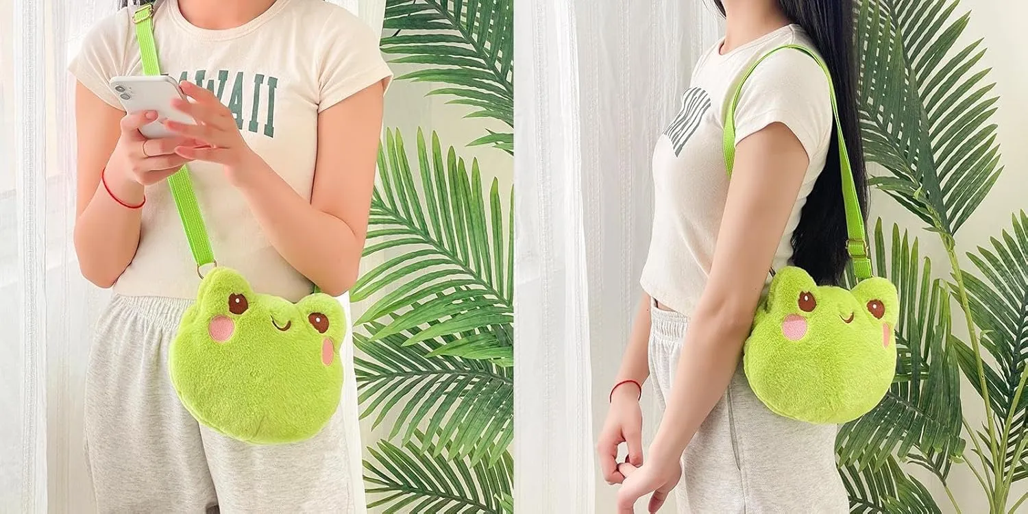Cute Stuffed Animal Purse for Girls - 3D Bear & Panda Head Crossbody Bag - Fluffy Pig & Frog Plush Animal Bag