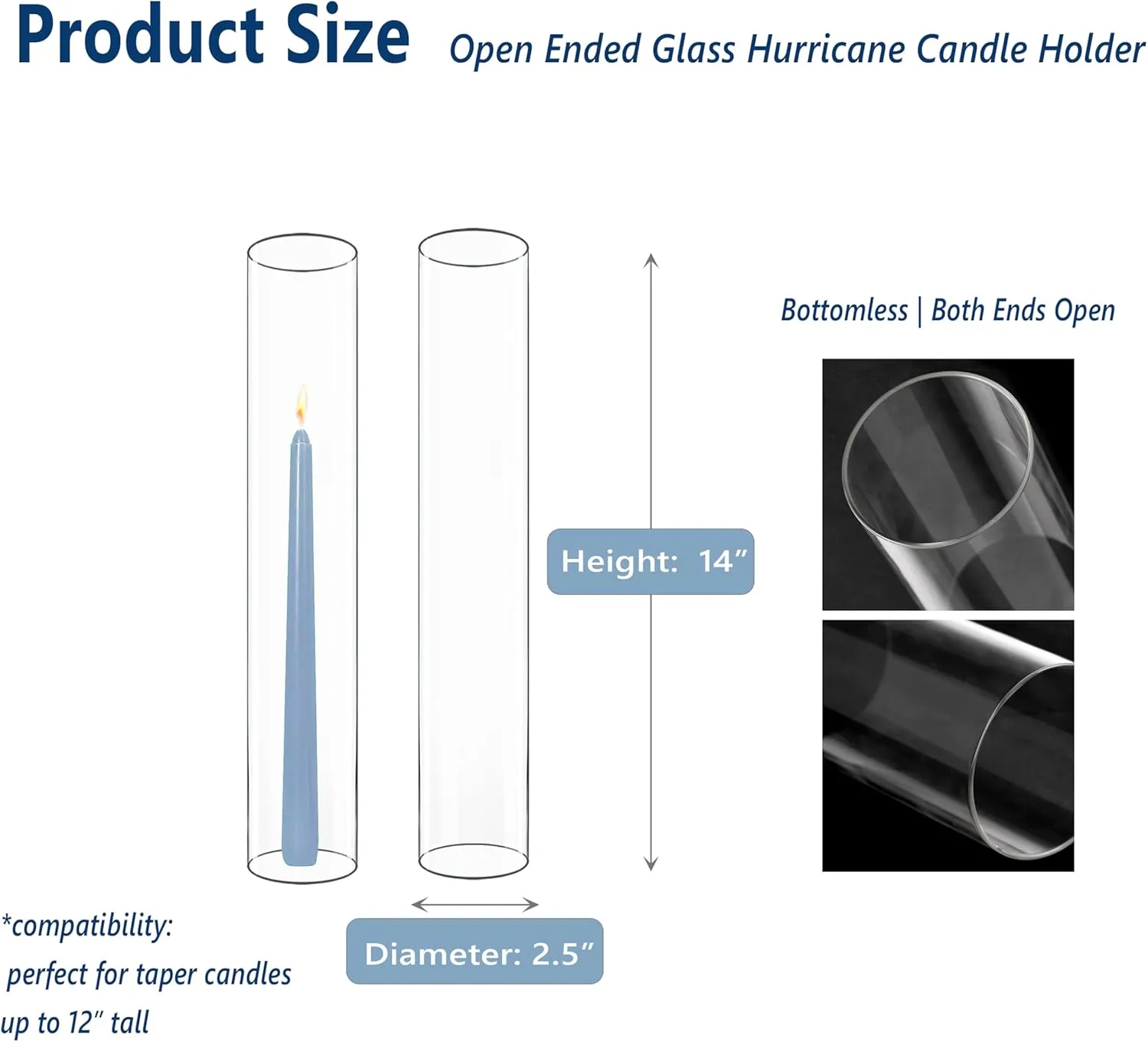 CYS EXCEL 6 PCS (H:14" D:2.5") Open Ended Clear Glass Hurricane Candleholder Tube Lamp Shade Open Flame Candlestick Holder Chimney Tube Cover Bottomless Cylinder