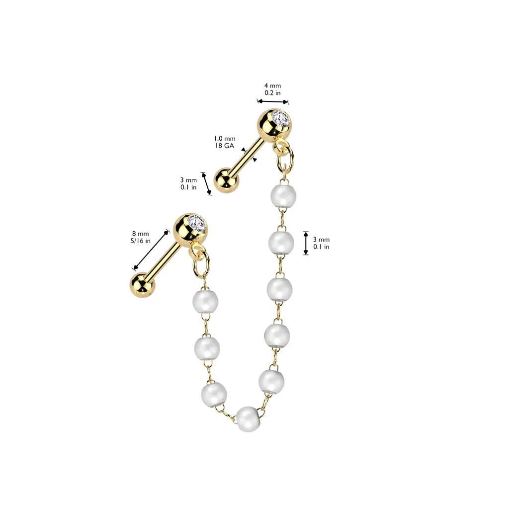 CZ Top Barbell Pearl Chain Cartilage Barbell