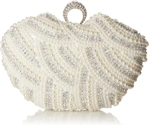Damara Womens Luxury Special Crystals Beaded Pearl Clutch Bag,White