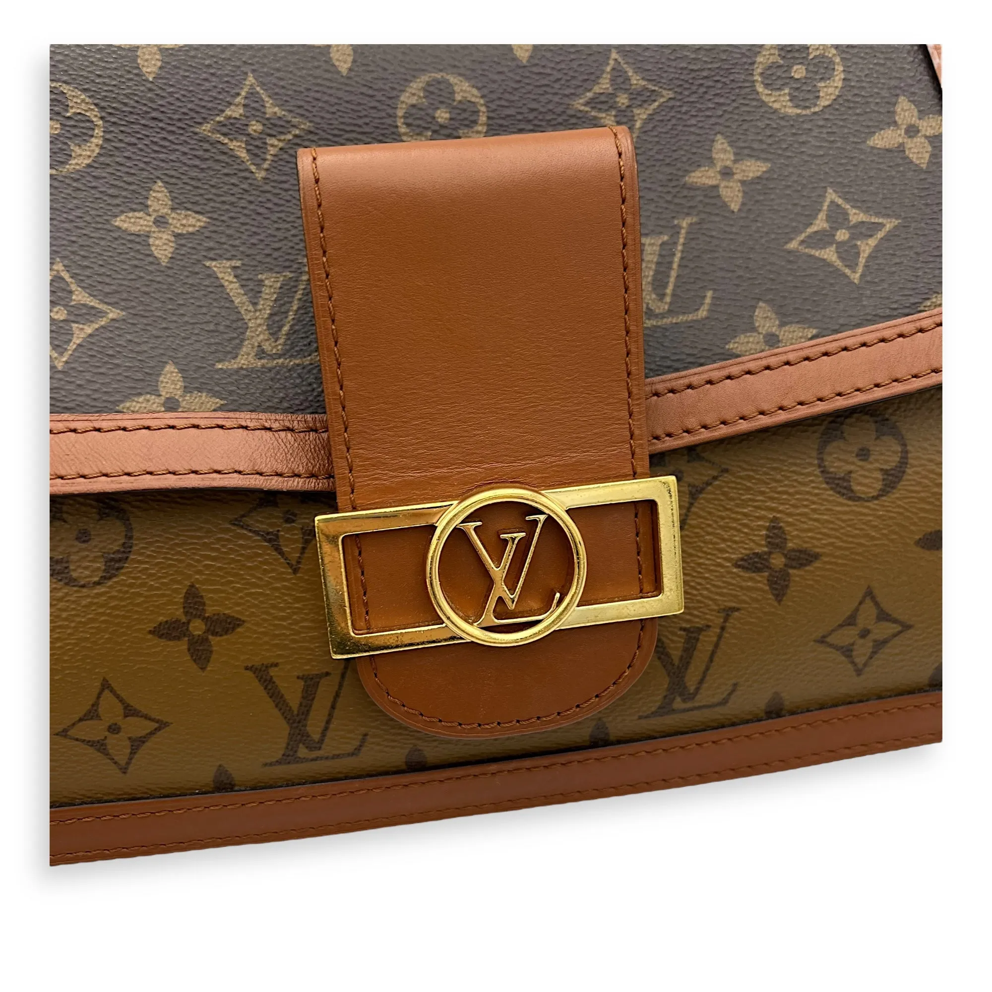 Dauphine MM Brown Crossbody Bag in Monogram Coated Canvas, Gold hardware