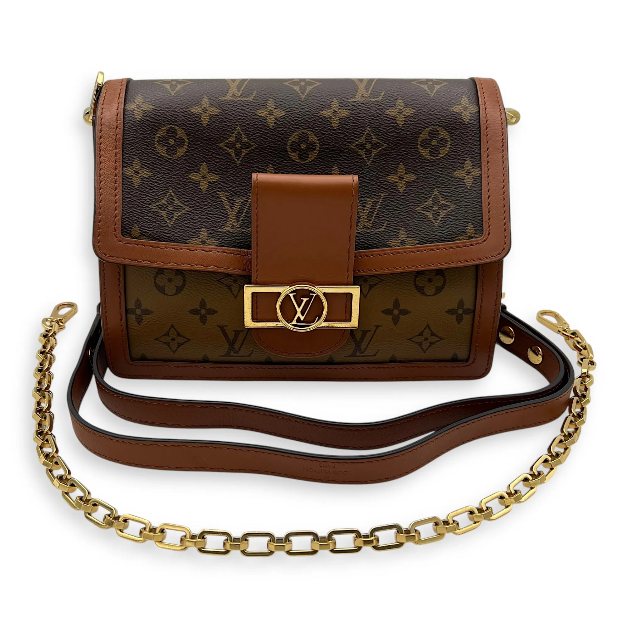 Dauphine MM Brown Crossbody Bag in Monogram Coated Canvas, Gold hardware