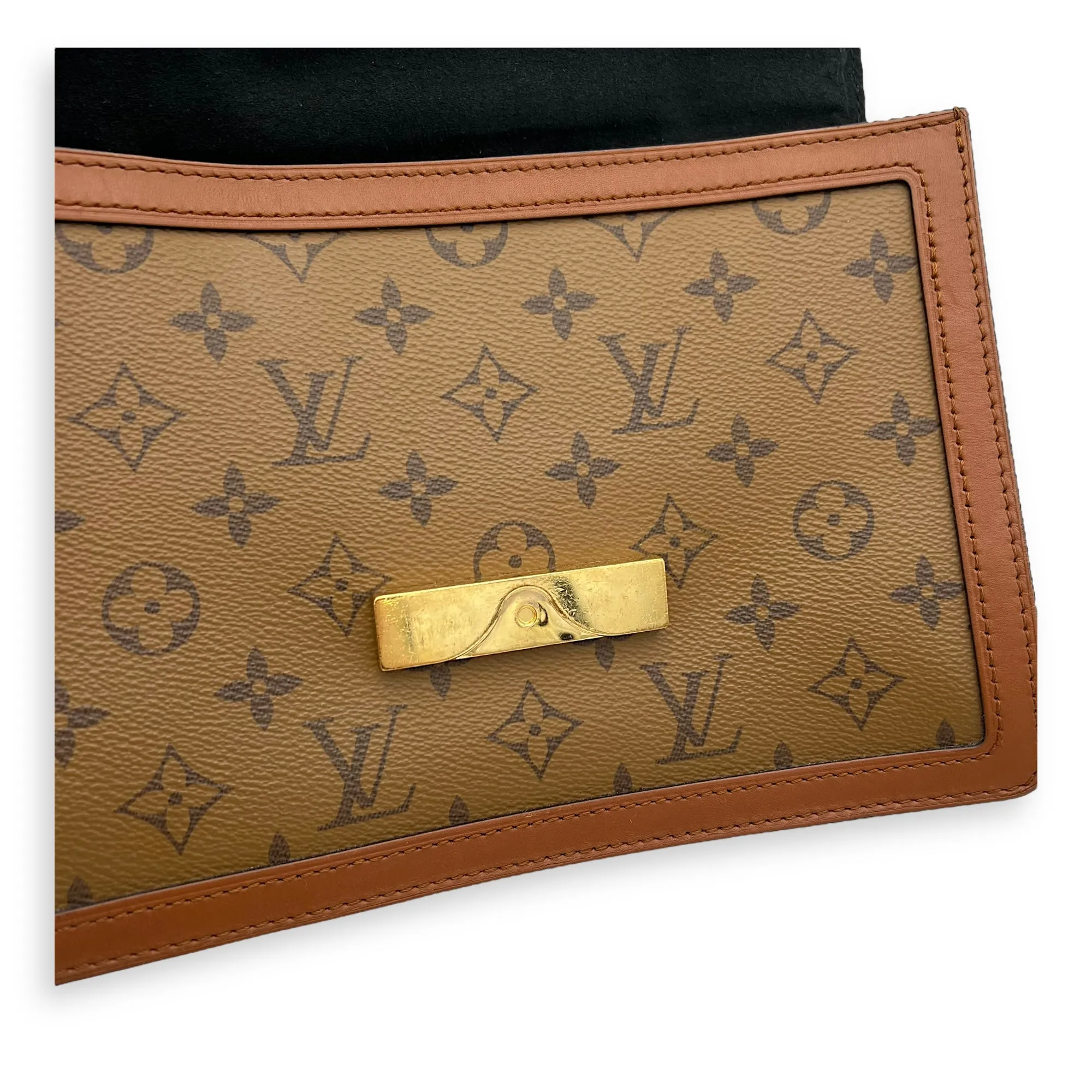 Dauphine MM Brown Crossbody Bag in Monogram Coated Canvas, Gold hardware