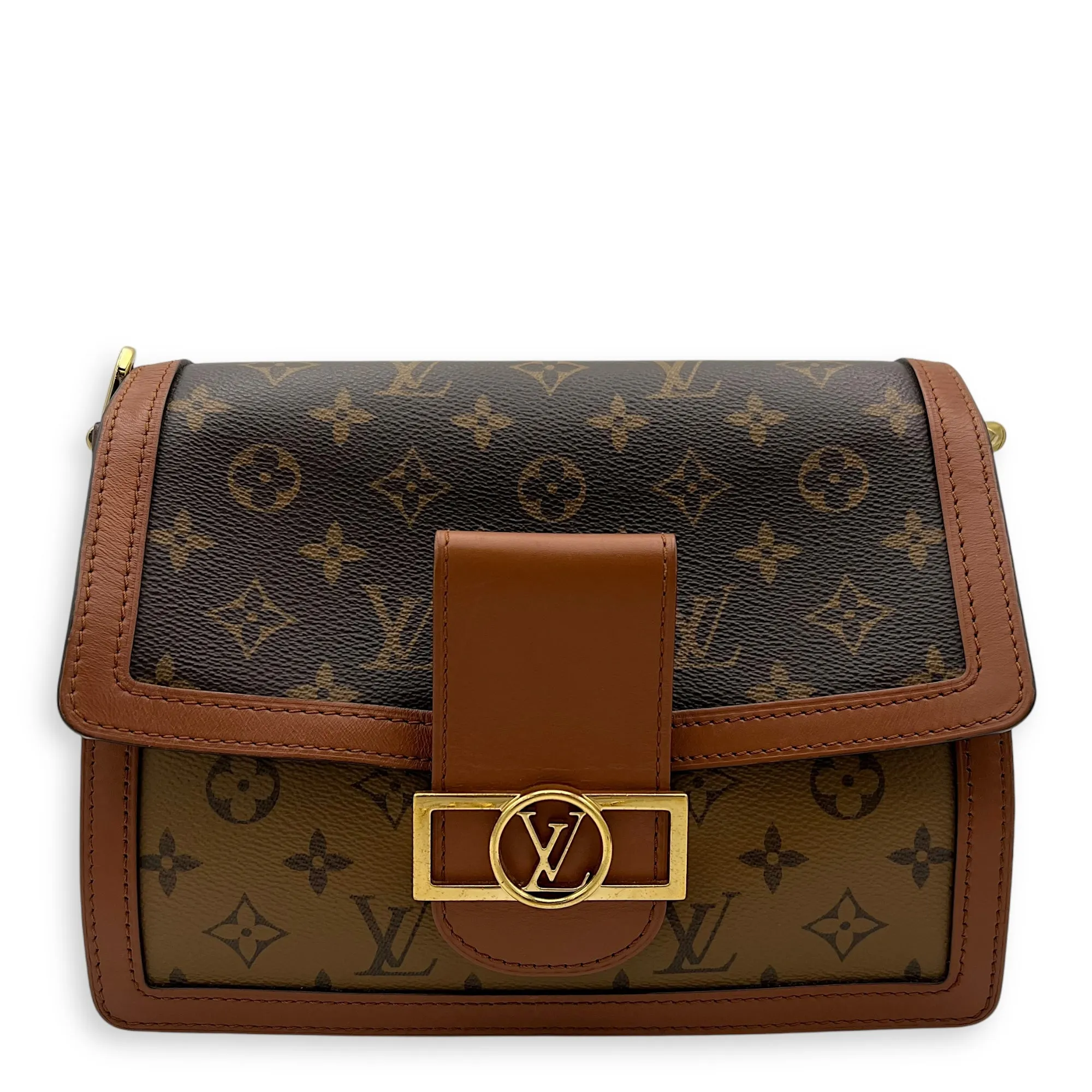 Dauphine MM Brown Crossbody Bag in Monogram Coated Canvas, Gold hardware
