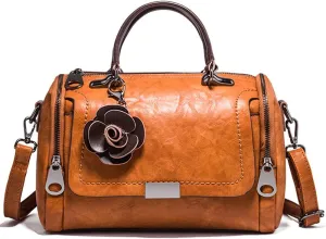Dayfine Women Satchel Bags Faux Leather Top Handle Handbags Boston Crossbody Bags Flower Pendant Zipper Purse Shoulder Bag