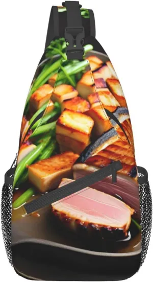 Delicious Grilled Meat Crossbody Bag, Men'S And Women'S Chest Crossbody Bag, Zipper Closure, Strap Length Adjustable