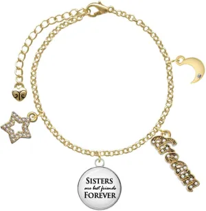 Delight Jewelry Silvertone Domed Sisters are Best Friends Forever - Goldtone Dream Big Charm Bracelet, 7.5 2" Extender