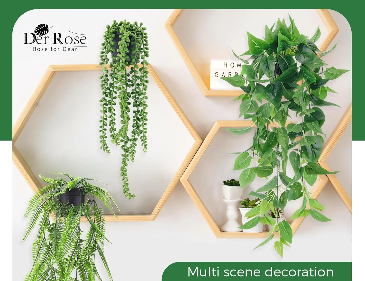 Der Rose 4Pcs Fake Plants Hanging Artificial Ivy Vine Faux Eucalyptus Hanging Plants, Boston Fern, String of Pearls for Home Boho Wall Shelf Indoor Outdoor Decor