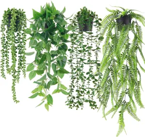Der Rose 4Pcs Fake Plants Hanging Artificial Ivy Vine Faux Eucalyptus Hanging Plants, Boston Fern, String of Pearls for Home Boho Wall Shelf Indoor Outdoor Decor