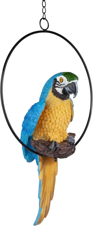 Design Toscano Polly in Paradise Parrot Hanging Bird Ring Perch Indoor/Outdoor Statue, Medium 14 Inch Tall, Cast Stone Resin, Blue Yellow Finish