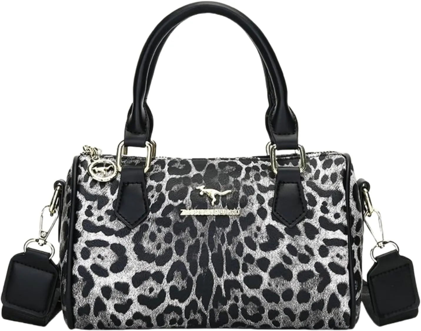 Designer Leopard Print Boston Bag, PU Leather Handbag with Shoulder Strap, Brown and White, 9 x 4.5 x 6 inches