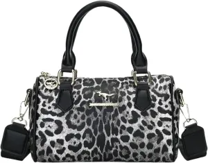 Designer Leopard Print Boston Bag, PU Leather Handbag with Shoulder Strap, Brown and White, 9 x 4.5 x 6 inches