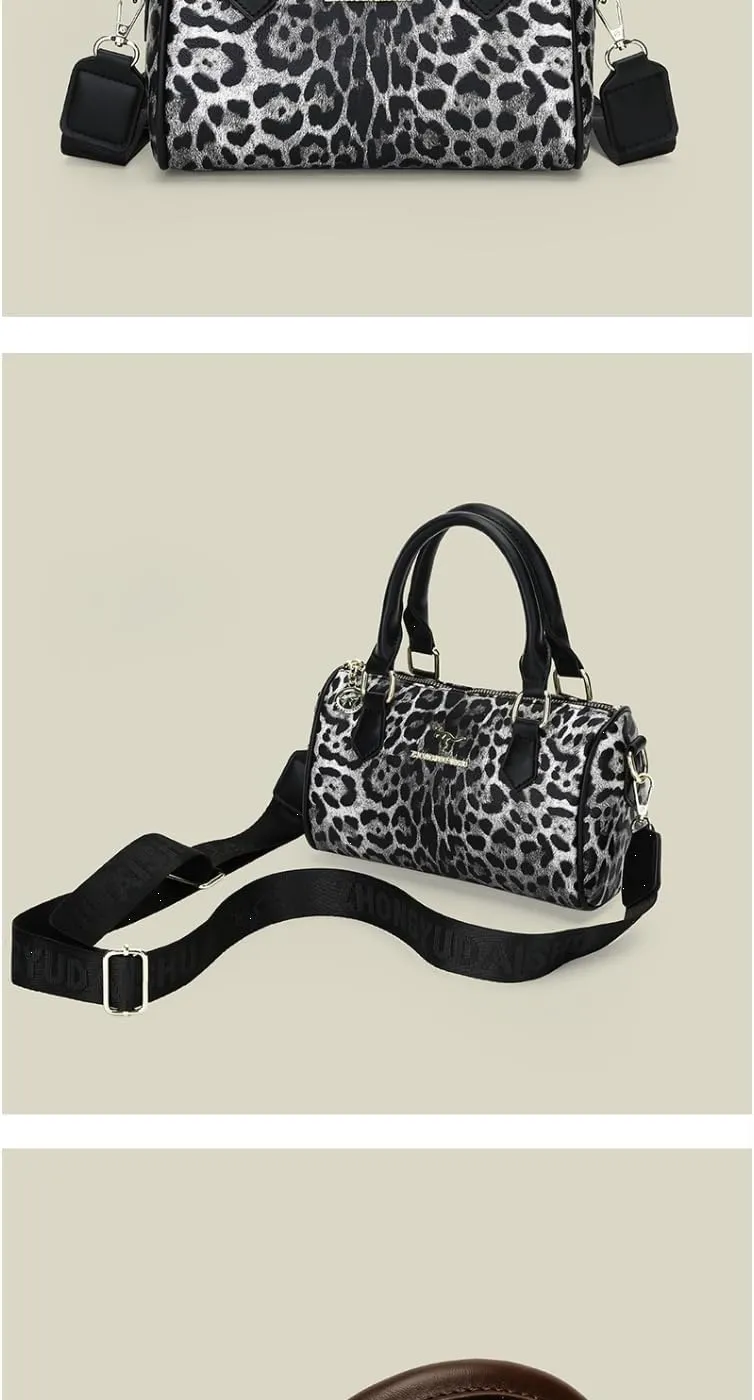 Designer Leopard Print Boston Bag, PU Leather Handbag with Shoulder Strap, Brown and White, 9 x 4.5 x 6 inches