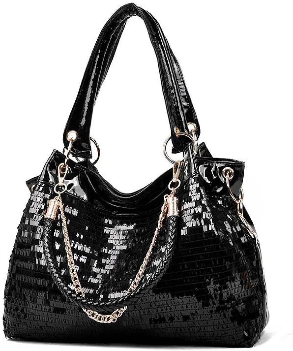 Designer Sequin Hobo Handbag, Patent Leather Shoulder Bag with Chain Detail, Black, 14.2 x 11 x 5.1 Inches