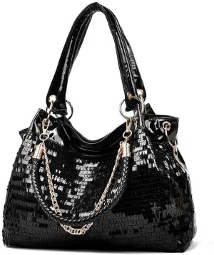 Designer Sequin Hobo Handbag, Patent Leather Shoulder Bag with Chain Detail, Black, 14.2 x 11 x 5.1 Inches