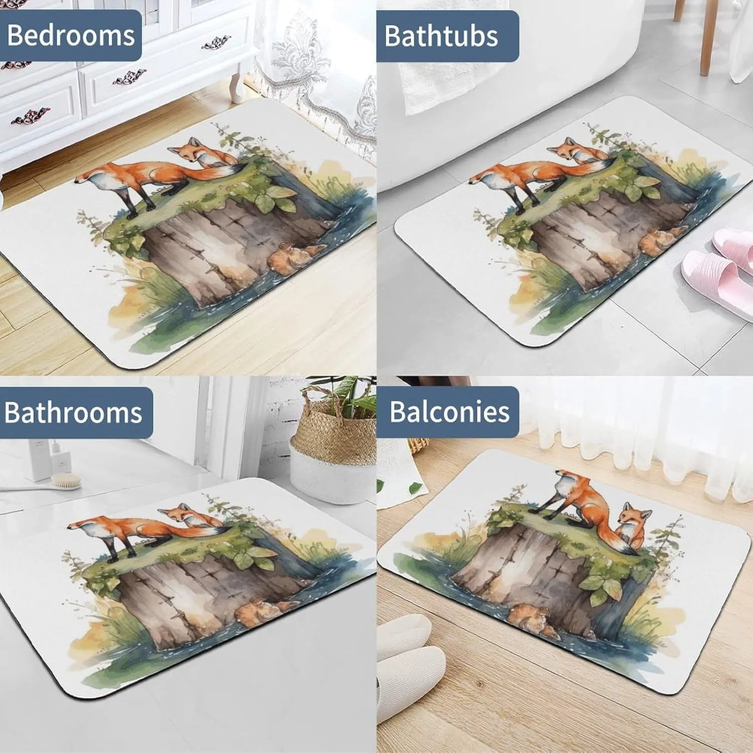 Diatomaceous Stone Bath Mat Quick Drying Shower Mat Hand Drawn Fox Bathroom Rugs for Toilets, Bathrooms, Guest Rooms